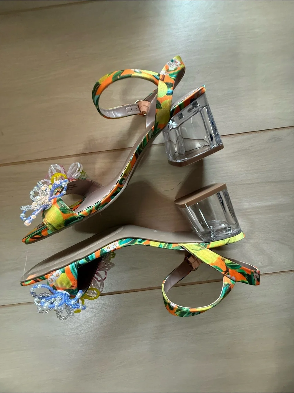 Betsey Johnson Cinthia Heels Floral Low Clear Block Heel Ankle Strap. NWOB